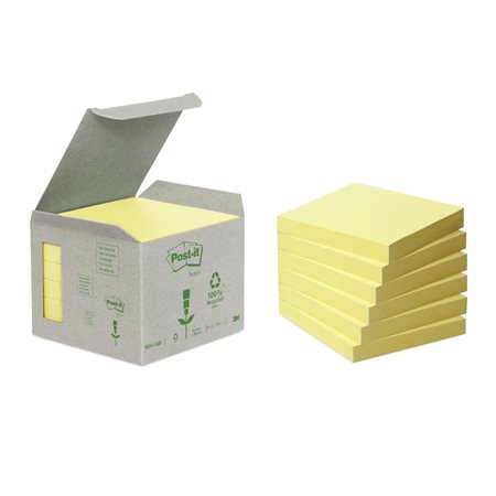 3M POSTIT jegyzettömb, öntapadós, 76x76 mm, 100 lapos, POST-IT, 100% újrahasznosított, torony, sárga