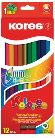 KORES színes ceruza készlet, háromszögletű, Duo, kétvégű, 12 db-os