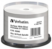 VERBATIM DVD-R, 4,7 GB, 16x, nyomtatható ezüst felület, no-ID, hengeren