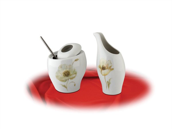 ROTBERG cukortartó fedővel, 20 cl, porcelán, fehér, mákvirág mintával